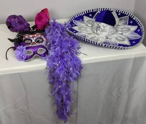 lot 63 image: Colorful Mardi Gras Attire Masks, Hats, Boa, and Sombrero