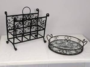 lot 61 image: Beautiful Iron Magazine Rack and Round Iron Serving Tray