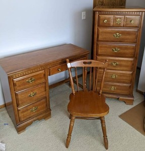 lot 8 image: Stunning Bassett Wood Desk, Tall Dresser, and Matching Chair