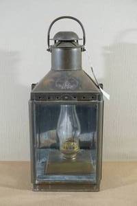 lot 9 image: Antique Viking Ship Passage Way Brass Oil Lamp - Beveled Glass