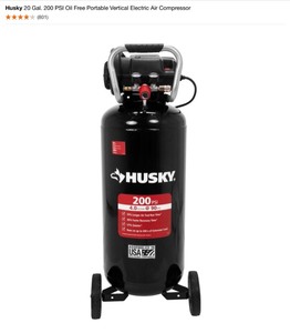 Husky 20 Gal. 200 PSI Oil Free Portable Vertical Electric Air Compressor. See Pictures
