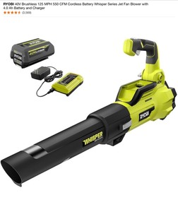 lot 1 image: RYOBI 40V Brushless 125 MPH 550 CFM Cordless Battery Whisper Series Jet Fan Blower with 4.0 Ah Battery and Charger. See Pictures