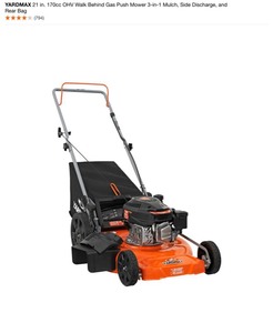 lot 37 image: YARDMAX 21 in. 170cc OHV Walk Behind Gas Push Mower 3-in-1 Mulch, Side Discharge, and Rear Bag. See Pictures