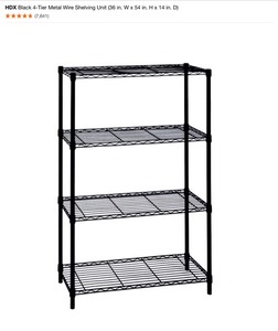lot 52 image: HDX Black 4-Tier Metal Wire Shelving Unit (36 in. W x 54 in. H x 14 in. D) & Chrome 3-Tier Steel Wire Shelving Unit (23 in. W x 30 in. H x 13 in. D). See Pictures