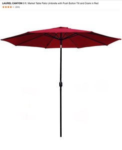 lot 58 image: LAUREL CANYON 9 ft. Market Table Patio Umbrella with Push Button Tilt and Crank in Red & Unbranded Patio Umbrella Base in Black. See Pictures
