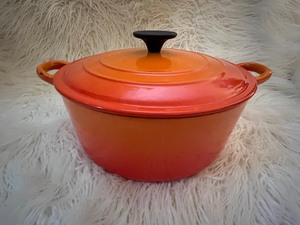 lot 53 image: Vintage Le Creuset E Pot, Enameled Cast Iron Dutch Oven Red - Orange