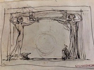 lot 74 image: Amazing Giulio Aristide Sartorio Black Ink Study of Male and Female Figures Artwork