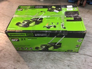 lot 31 image: Greenworks PRO 21 in. 60V Battery Cordless Self-Propelled Walk-Behind Lawn Mower with (1) 4.0 Ah Battery and Charger Customer Returns See Pictures