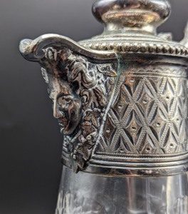 lot 20 image: Vintage Crystal and Silver Plate Claret Pitcher with Figural Lip