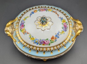 lot 31 image: Dresden Hand Painted Covered Dish with Ram Handles