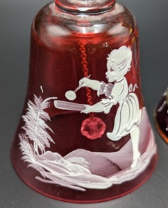 lot 36 image: Pair of Vintage Cranberry Glass Bells including Cranberry Mary Gregory Glass Bell Girl with PaletteBrush in Hand