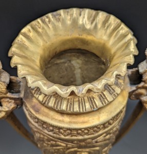 lot 1 image: Ornate Brass Vintage Urn with Figural Handles, Masks and Figures Engraved