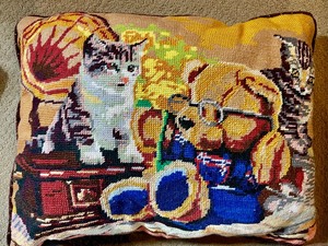 lot 281 image: Three Unique and Fun Handcrafted Needlepoint Pillows