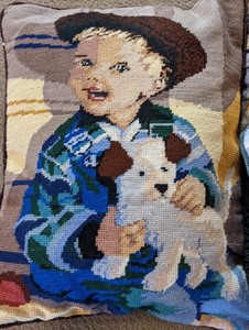 lot 99 image: Three Adorable Dog Themed Needlepoint Pillows