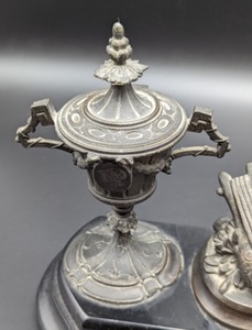 lot 8 image: Antique Bronze Inkwell w Decorative Urn Inkwells and Center Figurine