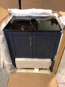 Modena 28 in. Vanity in Blue with Tempered Glass Top in Black with White Vessel Sink by ROSWELL Customer Returns See Pictures
