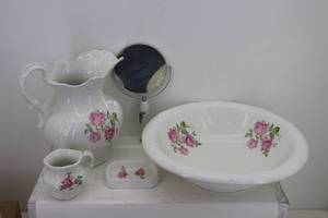 Antique Wood Bowl, Pitcher, Mirror & Soap Dish