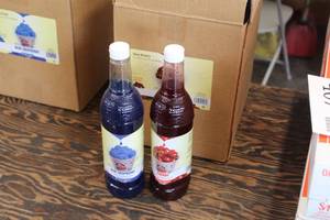 lot 405 image: Lot of (6) Gold Medal Sno-Kone Syrup - Blue Raspberry, Cherry 25-oz Plastic Bottle