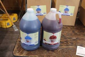 lot 406 image: Lot of (2) Gold Medal Sno-Kone Syrup - Blue Raspberry, Cherry 1-Gallon Plastic Bottle