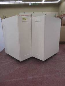 Shaker Assembled 36x34.5x24 in. Corner Base Cabinet with Lazy Susan Turn Table Accessory in Vanilla White, Slight Scratch and Dent.