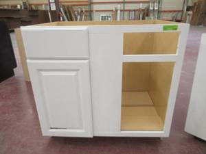 Hampton Assembled 36x34.5x24 in. Blind Base Corner Kitchen Cabinet in Satin White - Scratch and Dent, Hole in Door.