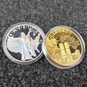(2) American Mint Collectable Coins - 9-11 Commemorative Coin (Copper and 24K Gold Layered) & Pledge of Allegiance Collector Coin (Copper and Silver Plated w Spot Gold)