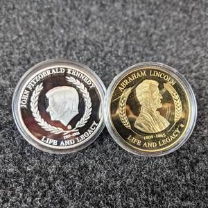 (2) American Mint Collectable Coins - Abraham Lincoln Commemorative Coin (Copper and 24K Gold Layered) & JFK Commemorative Coin (Copper and Silver Plated)