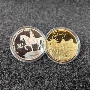(2) American Mint Collectable Coins - Statue of Liberty Commemorative Coin (Copper and 24K Gold Layered w Swarovski Crystal) & Battle of Gettysburg Commemorative Coin (Copper and Silver Plated)