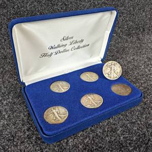 Set of (6) Walking Liberty Silver US. Coins in Case - Includes  1936, 1942, 1943, 1944, 1945 (2)