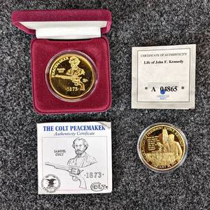 Colt Peacemaker Commemorative Coin (24k Gold Layered of Cu-Ni) and American Mint JFK Commemorative Coin (24k Layered Gold over Coper)