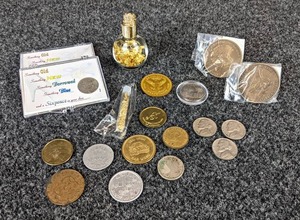 Lot of Gold Foil, British Six Pence Coins, Eveleth Mn Token, Gilbert MN Token and More