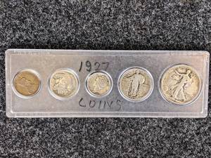 Set of 1927 US Coins - Lincoln Cent, Buffalo Nickel, Mercury Dime (90% Silver), Standing Liberty Quarter (90% Silver) and Walking Liberty Half Dollar (90% Silver)