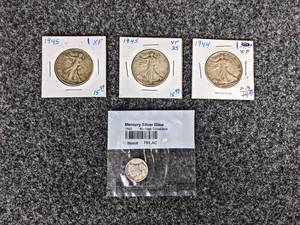 (3) Walking Liberty Half Dollars 1944, 1945, 1945 and (1) 1942 Mercury Dime - All 90% Silver