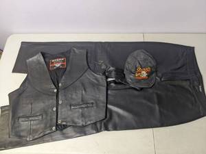lot 112 image: Leather Motorcycle Apparel Pants, Vest, Vintage Sturgis Hat - Z