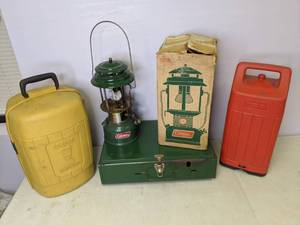 lot 141 image: Vintage Camping Collection Coleman 2-Burner Stove, Coleman Double Mantle Lantern, and Two Coleman Lantern Cases - R