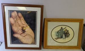 lot 214 image: Pair of Framed Wall Art Expert Salesman by Norman Rockwell & Hand with Plant Life - Z