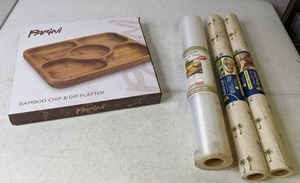 lot 202 image: Lot of 3 Rolls of New Shelf Liner and a New Parini Bamboo Chip & Dip Platter - Z