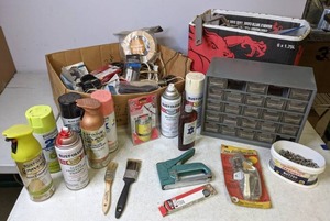 lot 266 image: Painting Supplies Spray Paint, Paintbrushes, Heavy Duty Stapler with Staples, Hardware Organizer and Much More- N