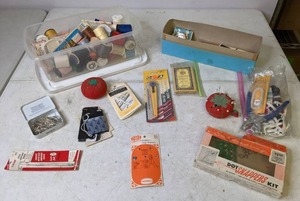 lot 270 image: Sewing Supplies Needles, Thread, Pin Cushion, Rotary Cutter, Crochet Hook and Much More - N