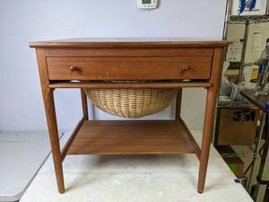 lot 255 image: Wooden End Table with Wicker Storage - N