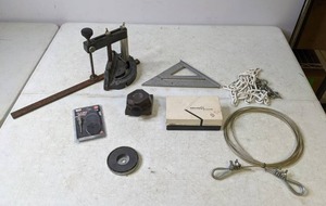 lot 320 image: Assortment of Woodworking Tools Craftsman Protractor, Metric Triangle Angle Ruler, Dexter-Russell Mat Cutter, IIT Cut-Off Wheels with Mandrel and More - N
