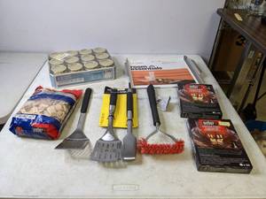 lot 335 image: BBQ Accessories BBQ Utensils, Grill Toper, Weber Lighter Cubes, Wood Chips and More - N