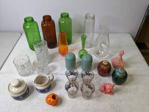 lot 282 image: Collection of Vintage Glass Bottles, Vases, Pitchers, Salt & Pepper Shakers, Shot Glasses and More - N
