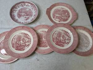 lot 278 image: Collection of Royal China & Spode Dinnerware  Currier & Ives Old Grist Mill Dinner Plates, Currier & Ives The Rocky Mountains Platter & Spode Winters Eve Serving Bowl - N