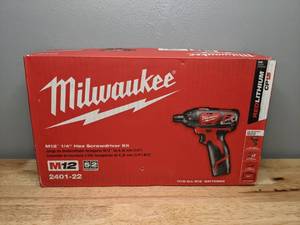 lot 30 image: Brand New Milwaukee M12 12-Volt Lithium-Ion Cordless 14 in. Hex Screwdriver Kit with Two 1.5Ah Batteries, Charger and Tool Bag - T