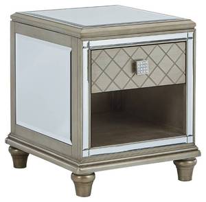 lot 244 image: Signature Design by Ashley Chevanna End Table, T942-3 - Store Display - Cracked Mirror Panel on front (See Photos).