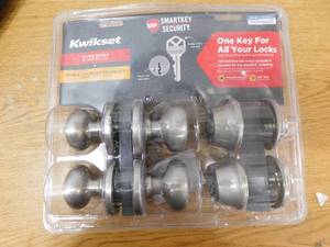 lot 37 image: Kwikset Cove Satin Nickel Entry Door Knob and Single-Cylinder Deadbolt Project Pack Featuring SmartKey and Microban