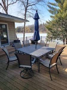 lot 65 image: Square Iron Patio Table w 8 Chairs & Market Umbrella