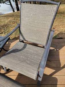lot 71 image: Iron Reclining Patio Arm Chairs with Foot Rests & Side Table