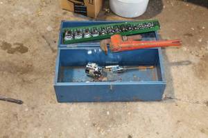 lot 246 image: 16 Metal Tool Box, Socket Set, Pipe Wrench, Misc. Tools